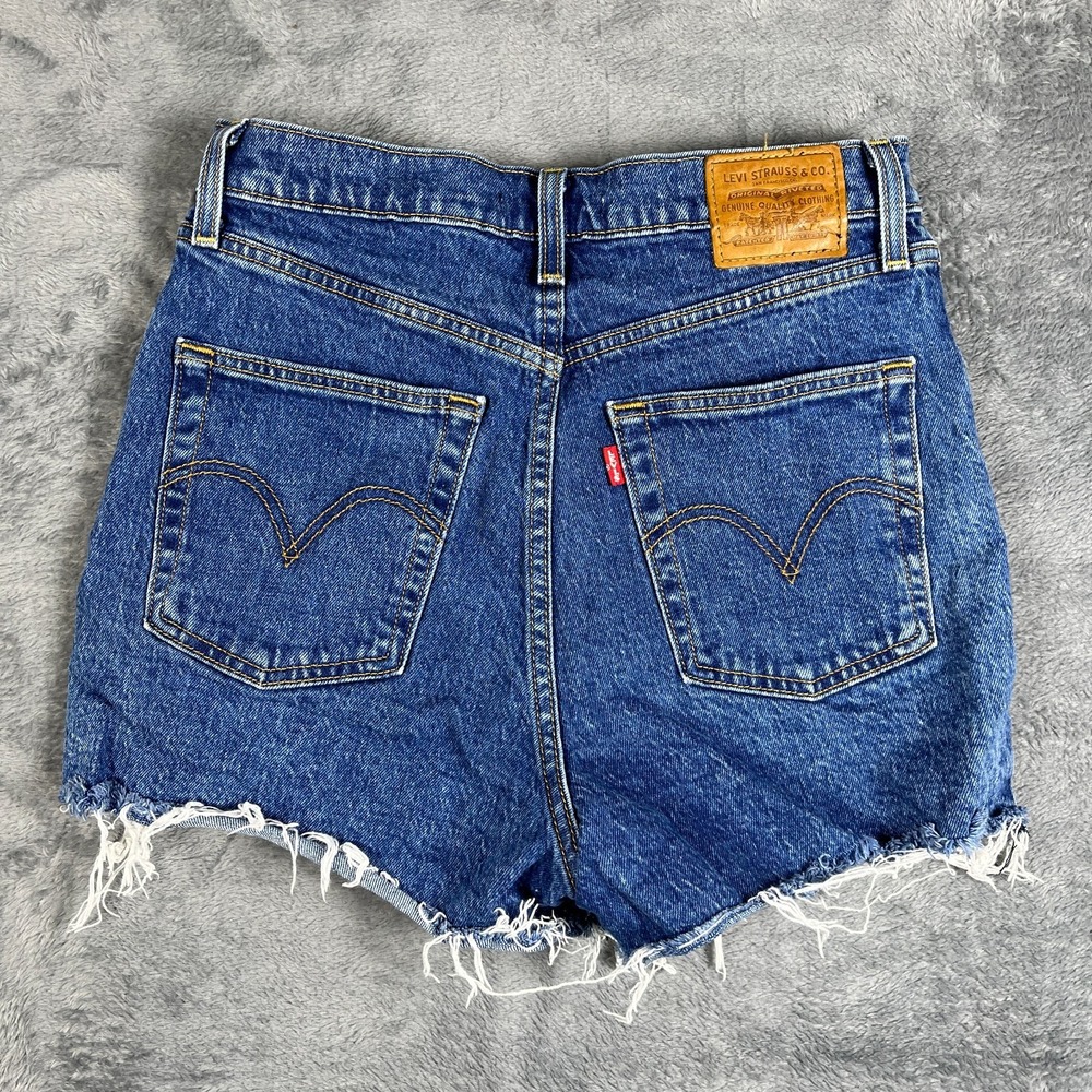 Levis Ribcage Cut Off Shorts Womens 28 Blue Denim Cotton Frayed Hem Dark Wash - Picture 2 of 8